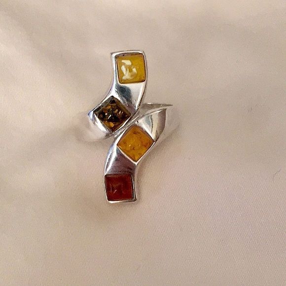 VINTAGE Amber Sterling Silver Bypass Ring Sz 9-1/2 - Picture 5 of 9